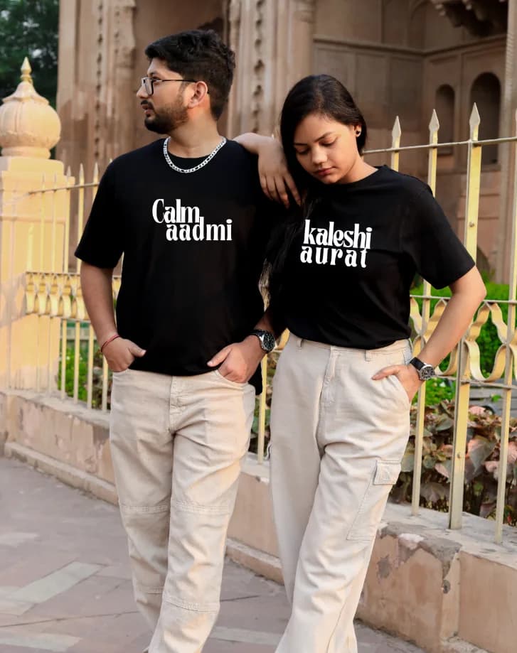 Quirky Couple Tees Calm Aadmi & Kaleshi Aurat Design- Funny Desi Gift
